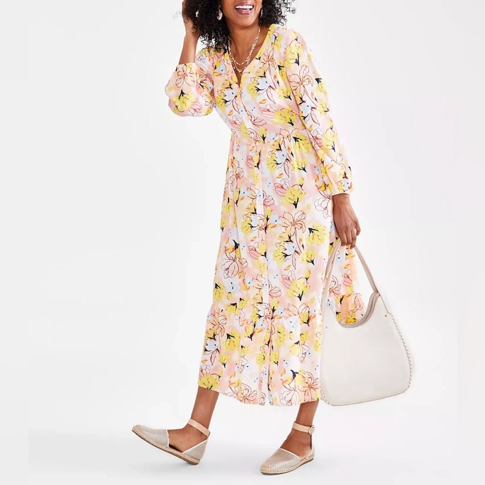 Style & Co Size M Floral Summer Maxi Dress Linen Modal Yellow Peach White Pink